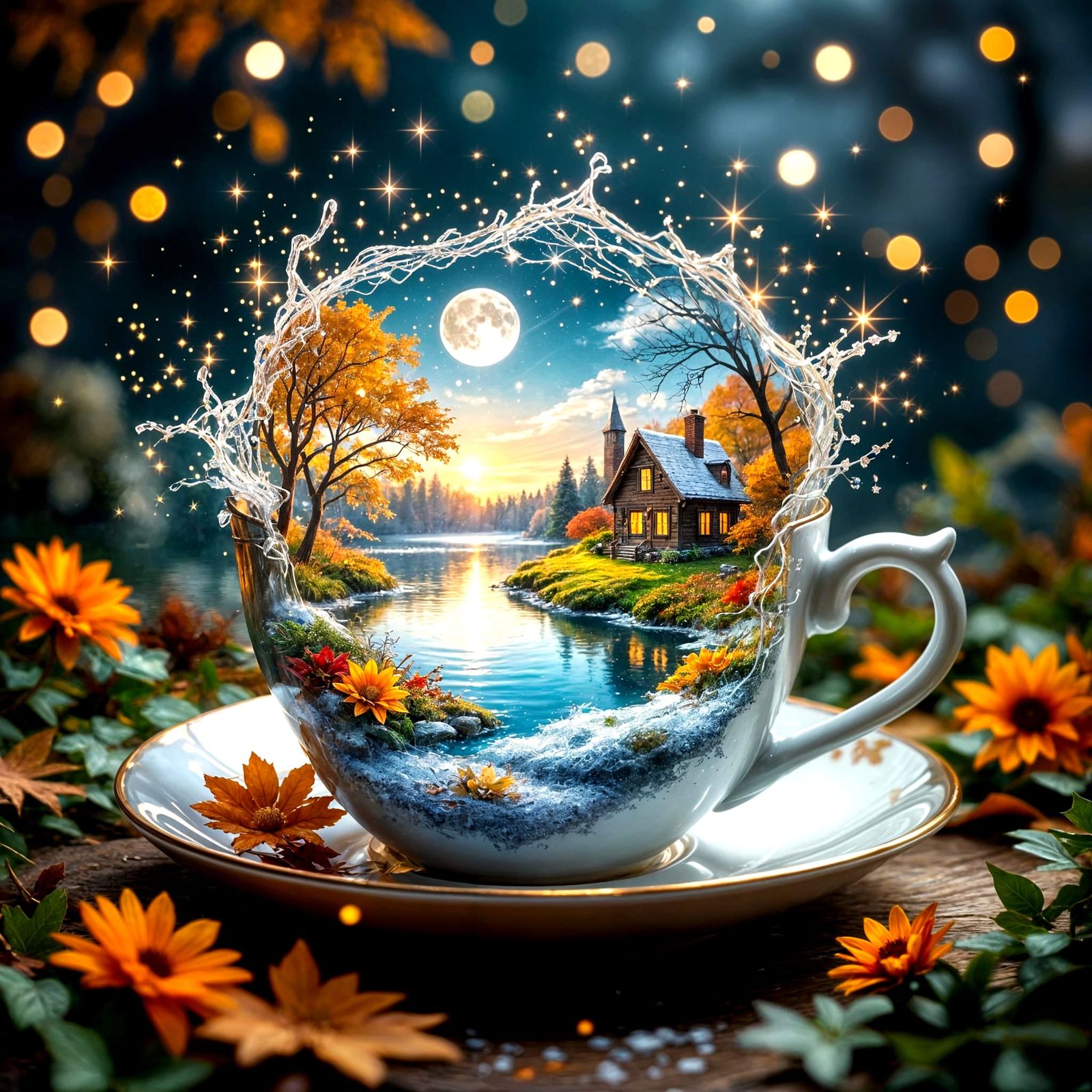 Magical Teacup World with Autumn Landscape