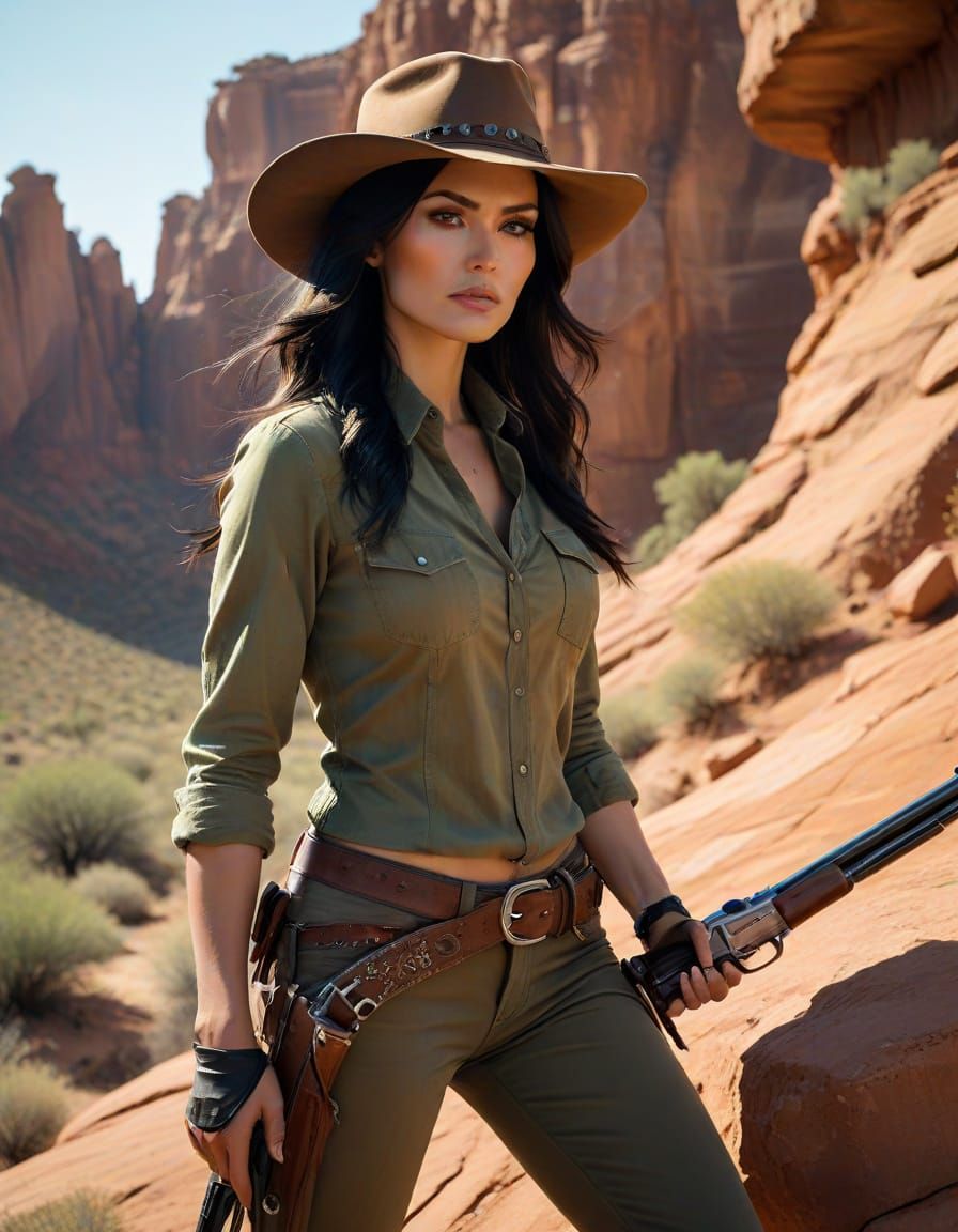 Woman in Earth-Toned Buckskin Creeps Through Rocky Desert La...