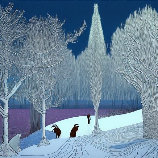 Detailed Winter Landscape in Aubrey Beardsley Style