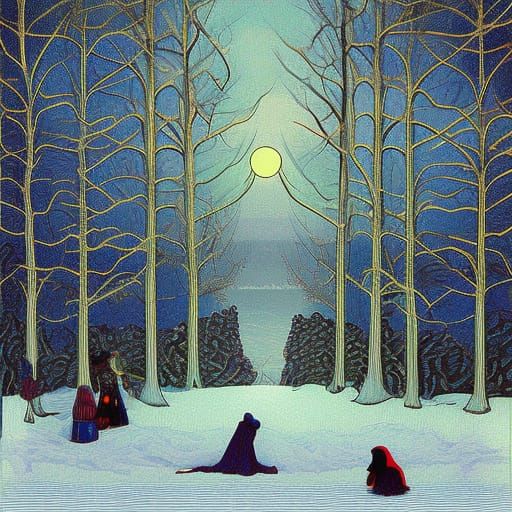 Winter Landscape Digital Art in Aubrey Beardsley Style
