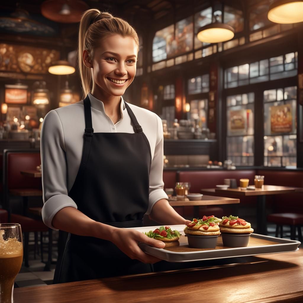 Sporty Waitress in Restaurant: Detailed Matte Painting