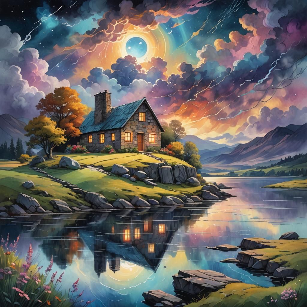 Stone Cottage on Loch in Cosmic Mixed Media Style