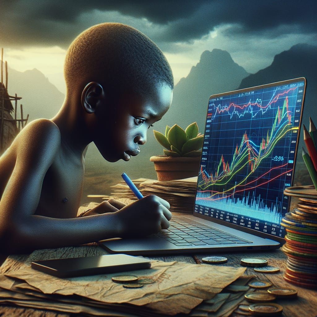 Young African Trader Studying Forex Chart in Fantastical Sur...