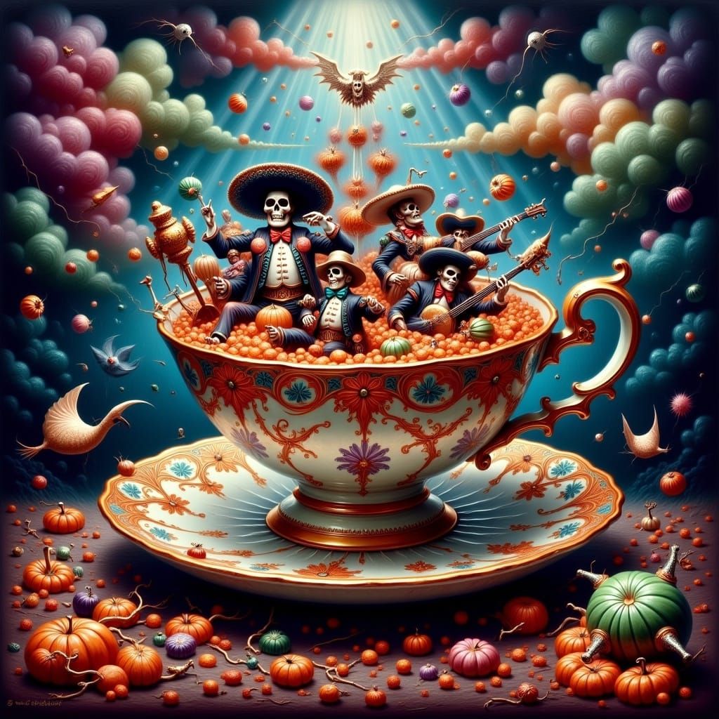 Day of the Dead Band in Teacup: Surreal Oil Painting
