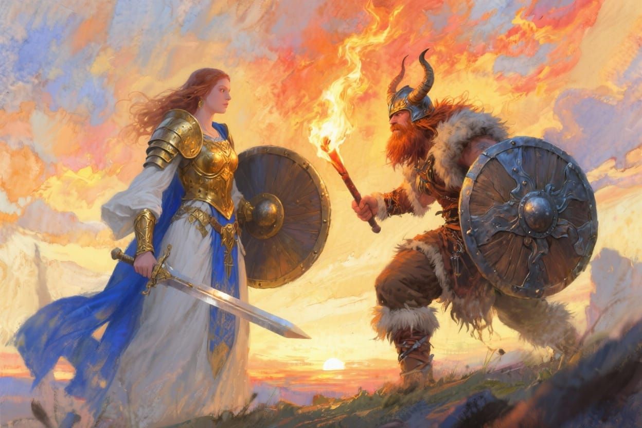 Mythic Warrior Clash at Sunset - Impressionist Watercolor