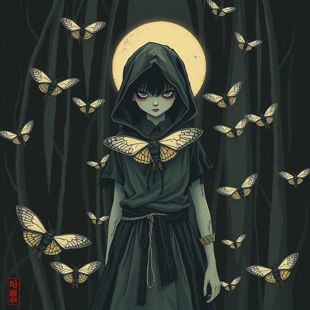 Mystical Shadow Girl with Luna Moths in Forest