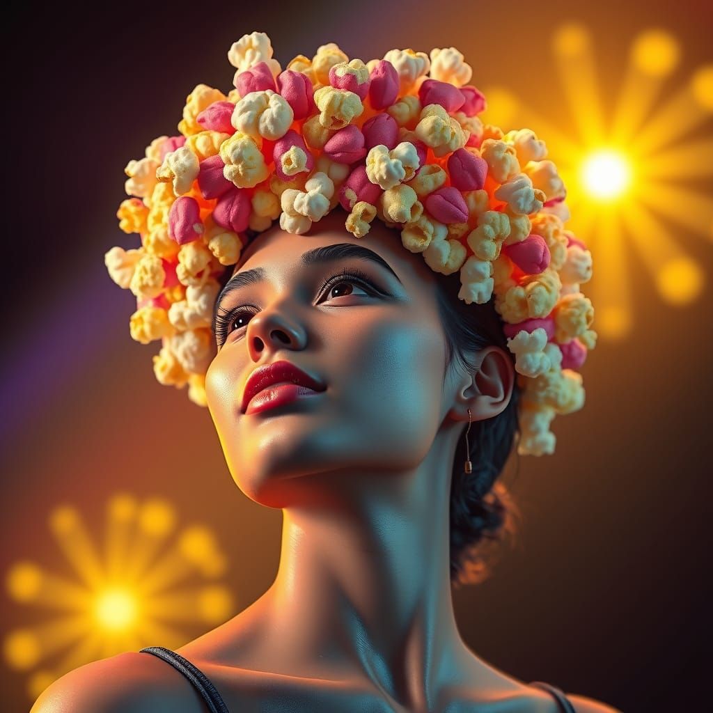 Woman's Vibrant Popcorn Crown: Digital Art Style