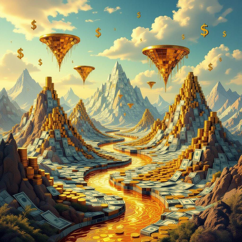Surreal Gold Rivers & Coin Islands in Dreamlike Landscape