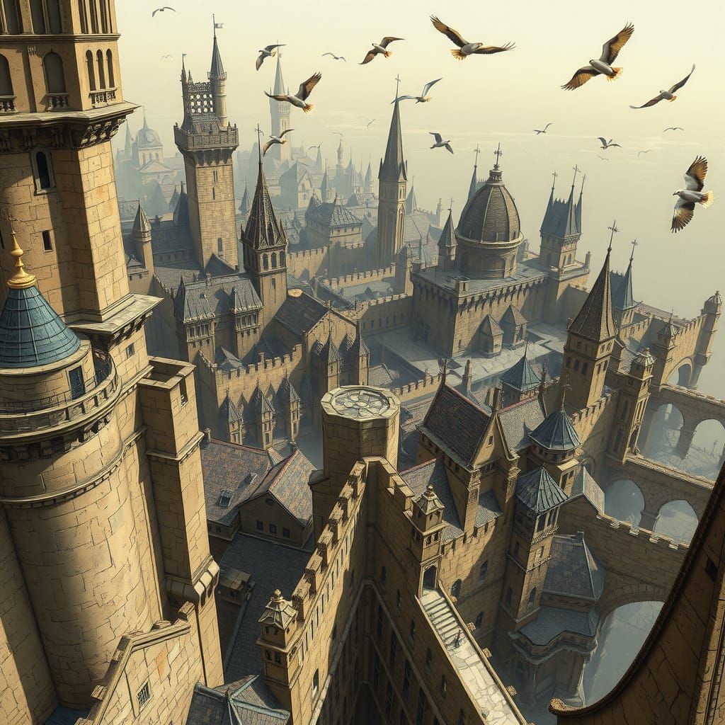 Aerial View of Medieval Fantasy City in Moebius Style