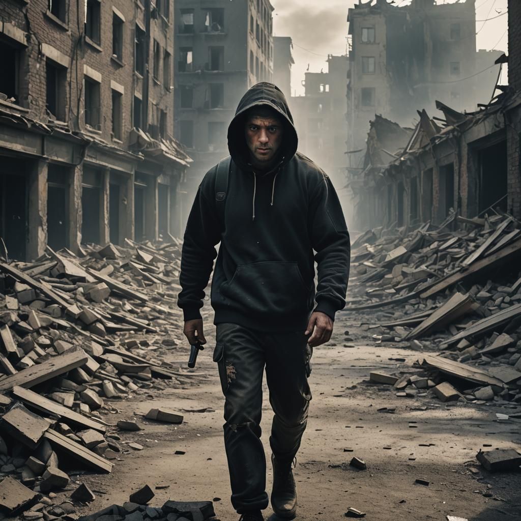 Gritty Realism: Man Walks in War-Torn City