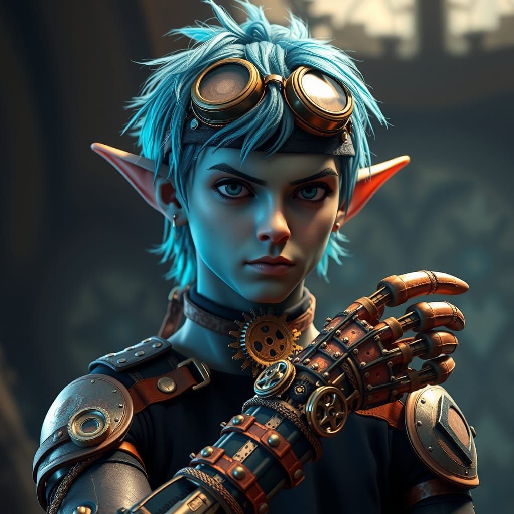 Steampunk Elf with Prosthetic Limbs in Digital Art