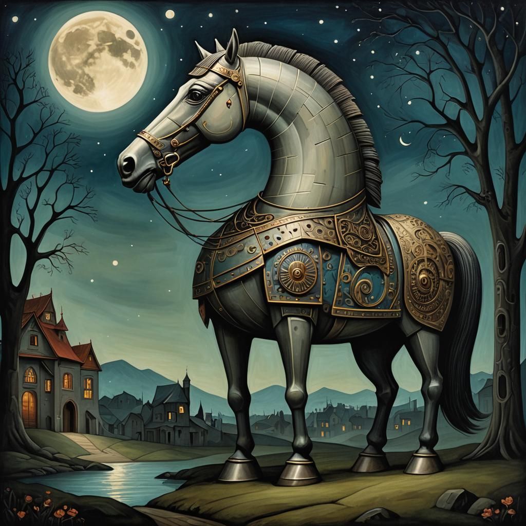 Horse in the moonlight in the style of Benjamin Lacombe