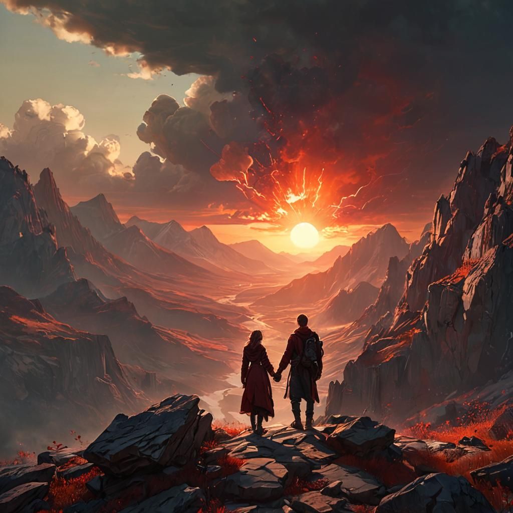 Fantasy Art: Lovers Silhouetted Against Exploding Sun
