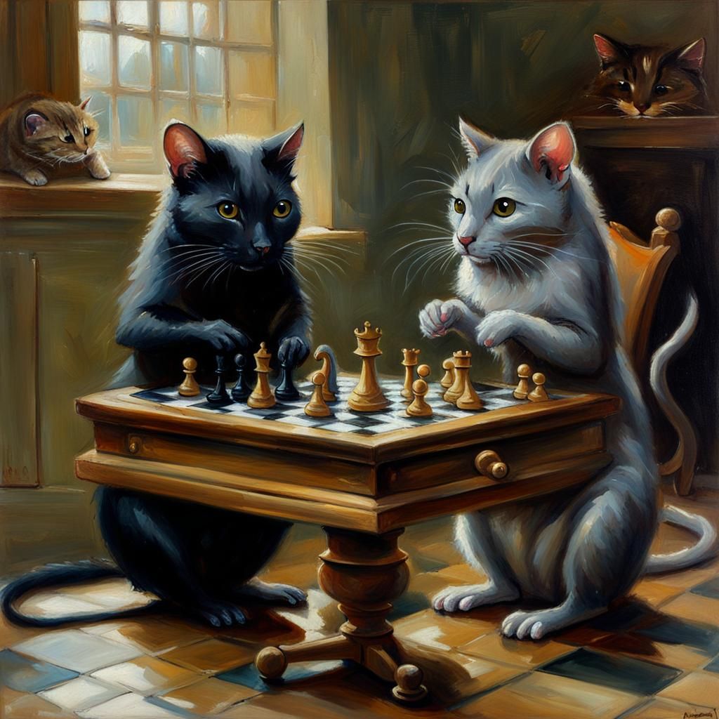 Mouse and Cat Chess Game as Oil Painting