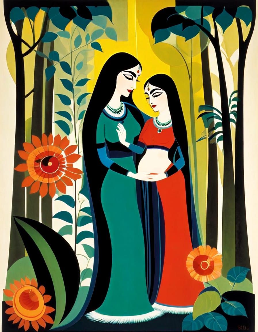 Mother's Love in Vibrant Kalighat Style
