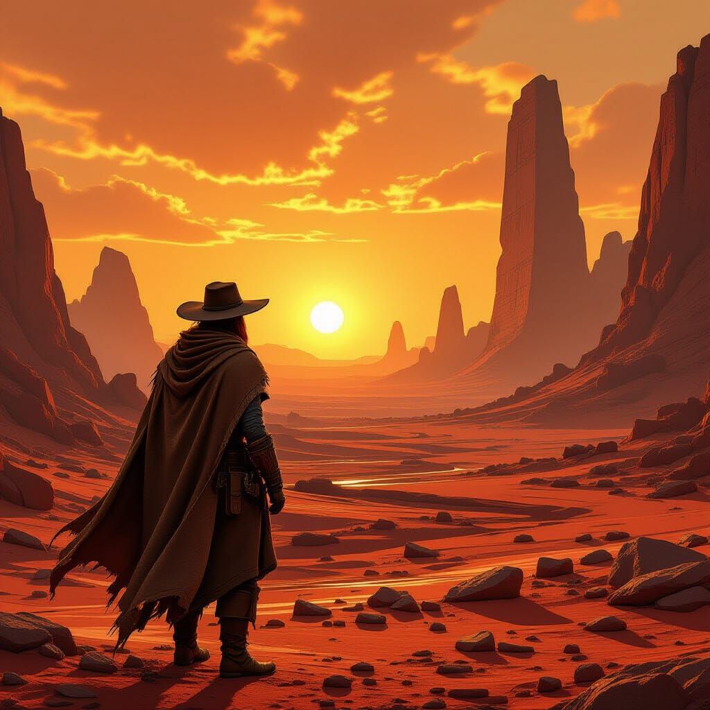 Lone Wanderer on Alien Planet at Binary Sunset