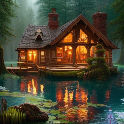 Detailed Swamp Lodge Painting in Hyperrealism Style