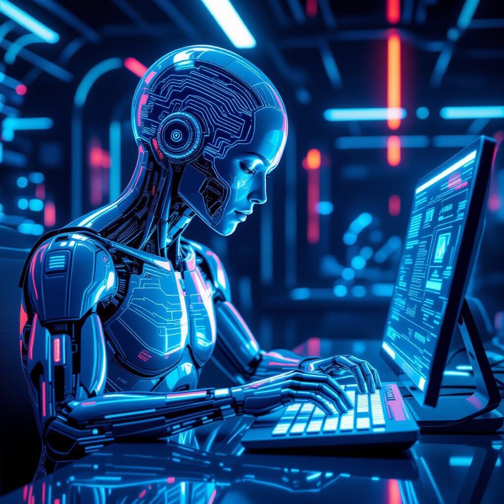 Hyperrealistic Android Typing on Holographic Interface