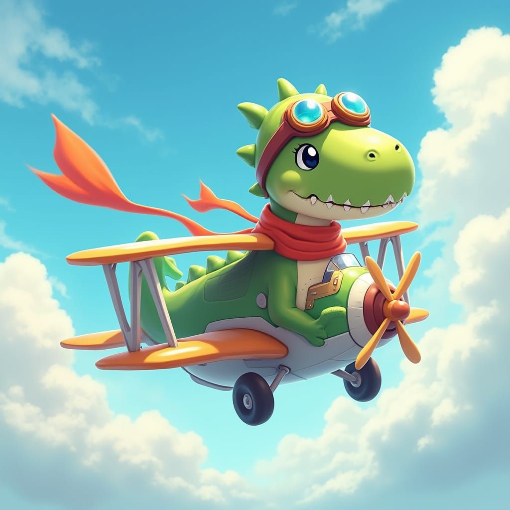 Vibrant Cartoon Dinosaur Pilot in Retro-Futuristic Airplane