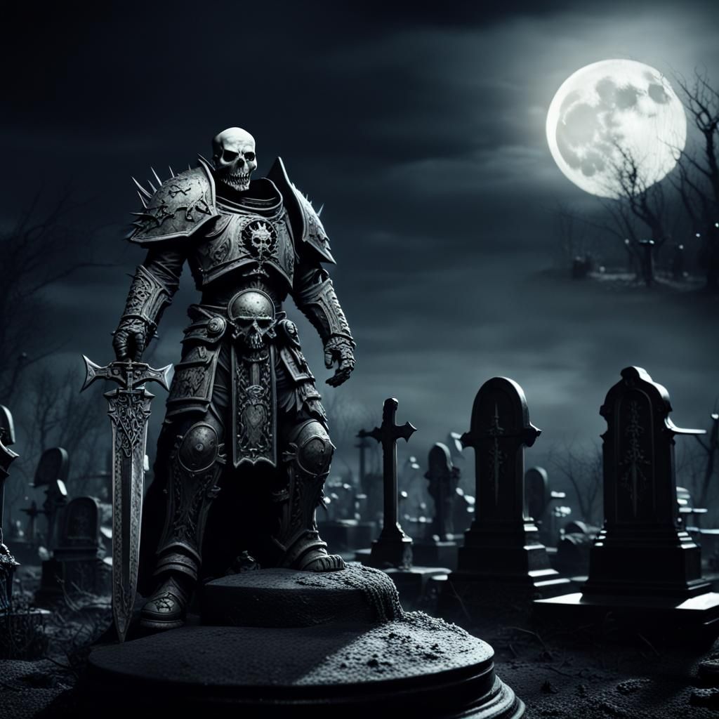 Warhammer Death Knight in Graveyard Under Full Moon