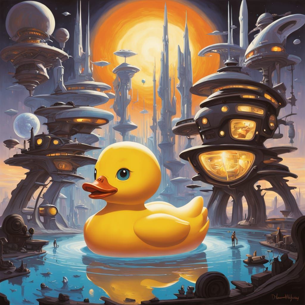 Cosmic Rubber Duck Descends in Film Noir Style