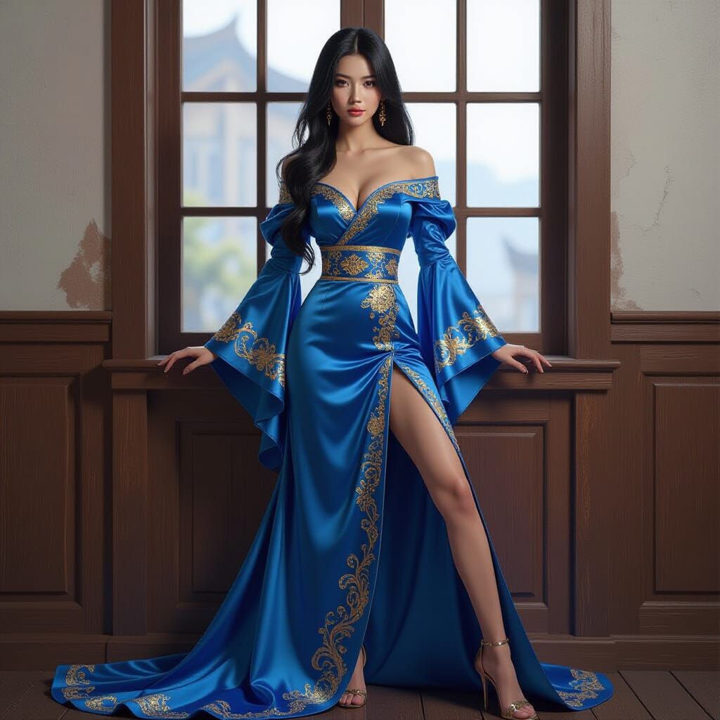 Chinese Woman in Blue Silk Gown: 3D Digital Art