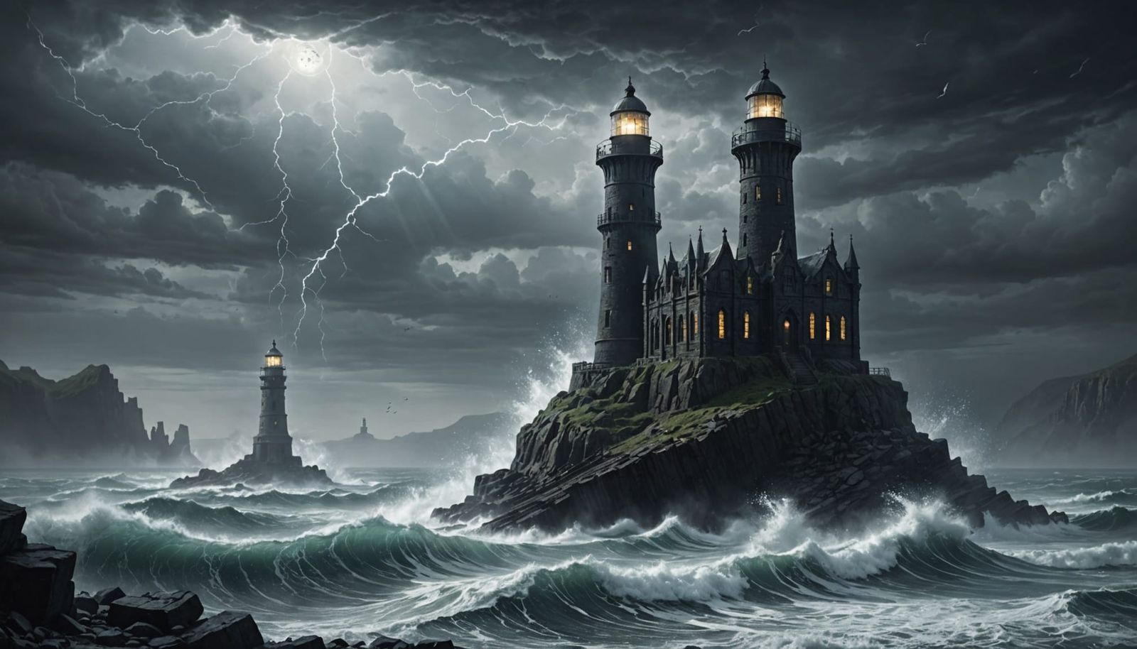 Obsidian Lighthouse on Rocky Coast in Fractured Sky