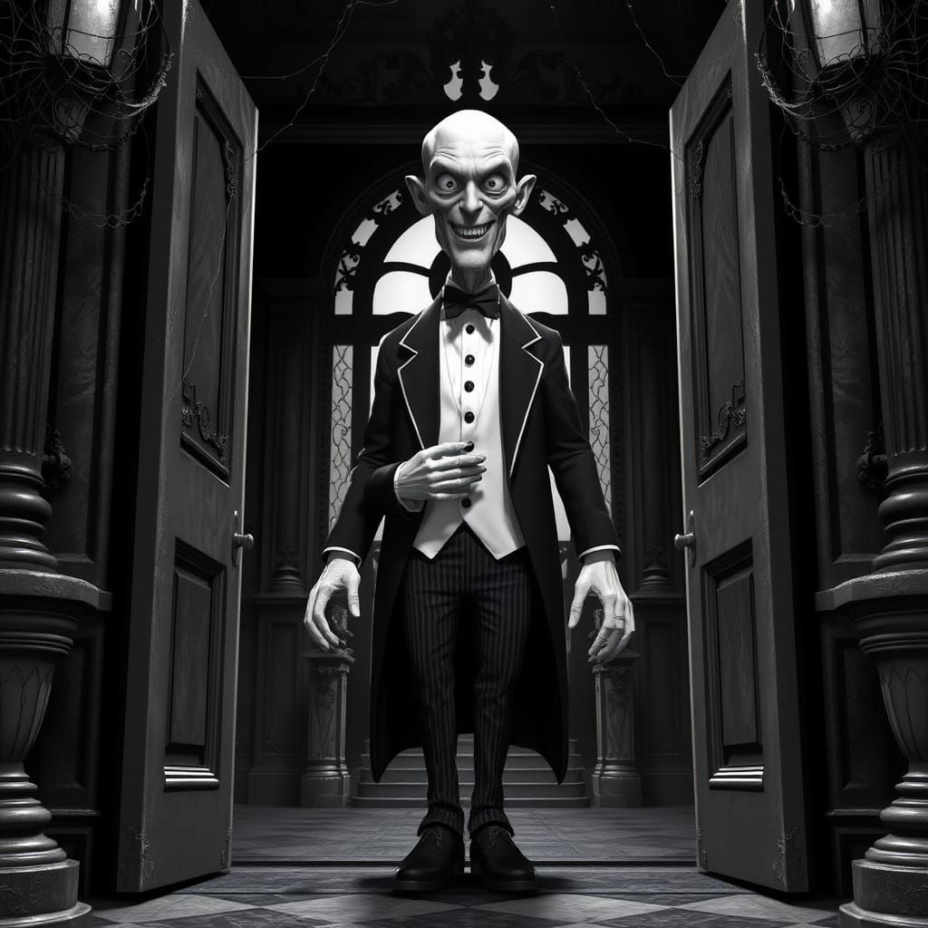 A black and white rendering of a tall, gaunt butler opening the grand doors of a spooky mansion