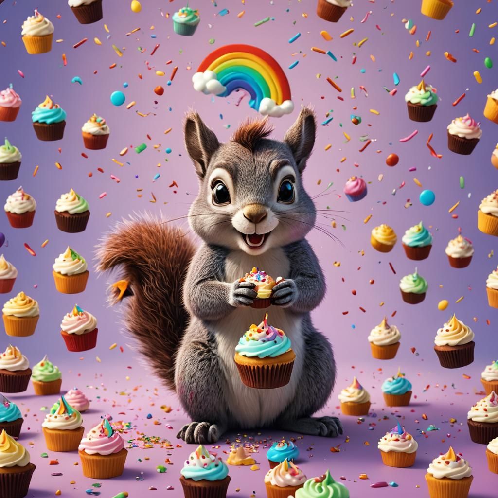 Squirrel Enjoys Sprinkled Cupcake: 3D Animated Style