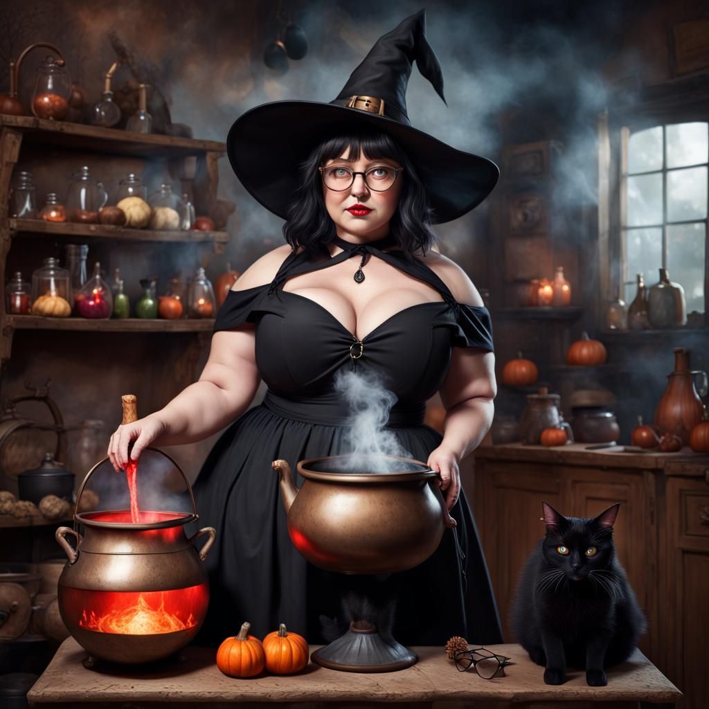 Photorealistic Portrait of a Curvy Witch Brewing Potion