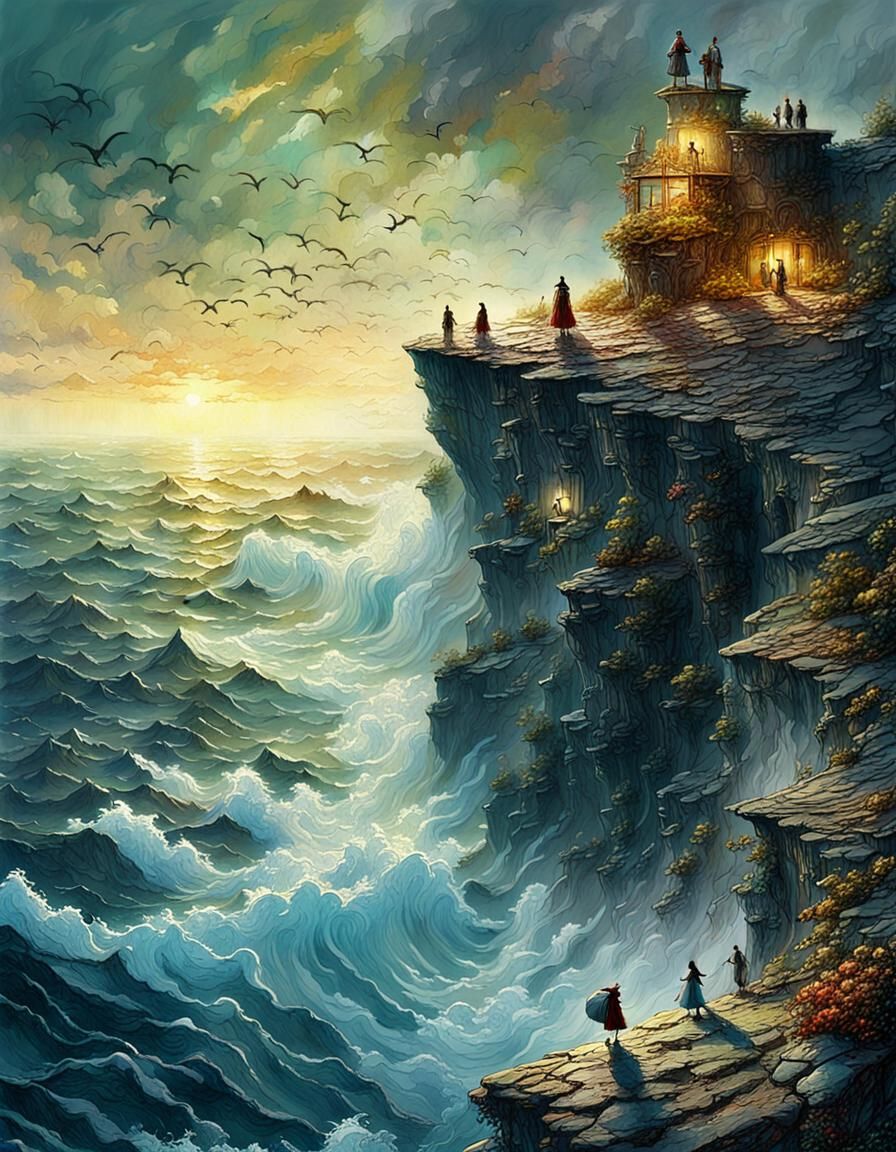 Ocean Cliff with Tiny Figures: Detailed Fantasy Art