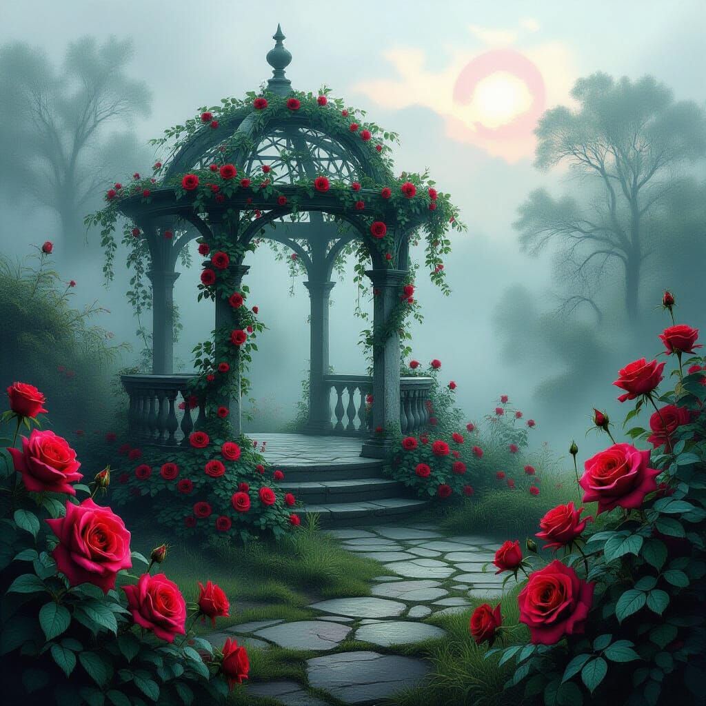 Enchanted Rose Garden on Misty Moor in Airbrush Style