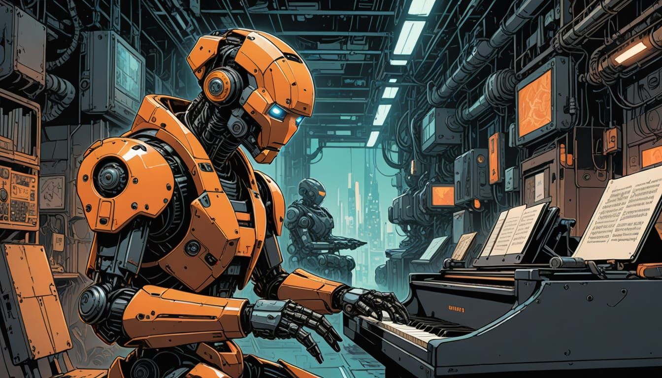 Robot Mastering Cosmic Piano in Sci-Fi Comic Book Style