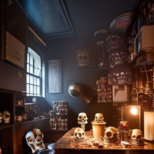 Dark Apothecary Interior with Candy Skulls