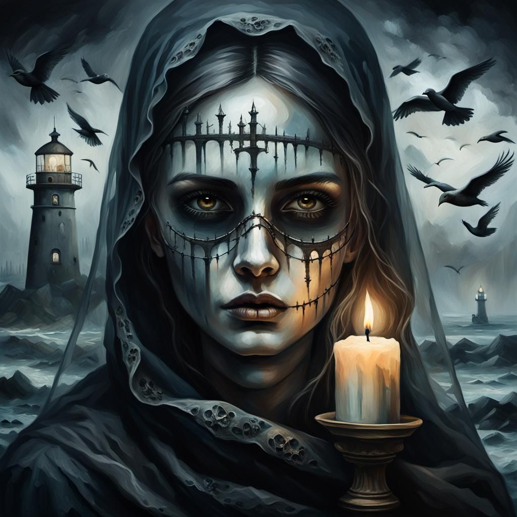 Gothic Oil Painting: Veiled Woman with Skulls