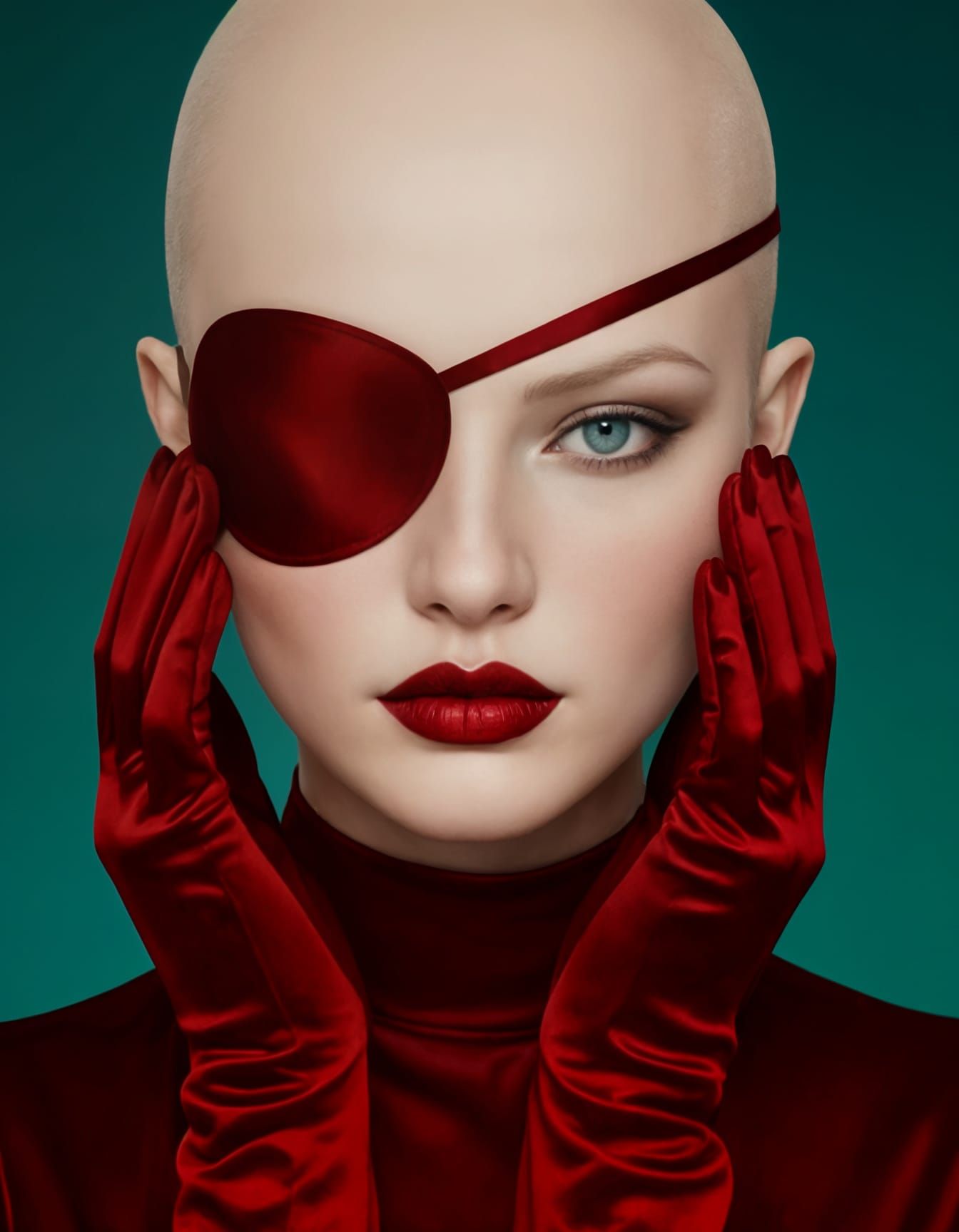 Portrait of a Bald Woman with Red Eyepatch