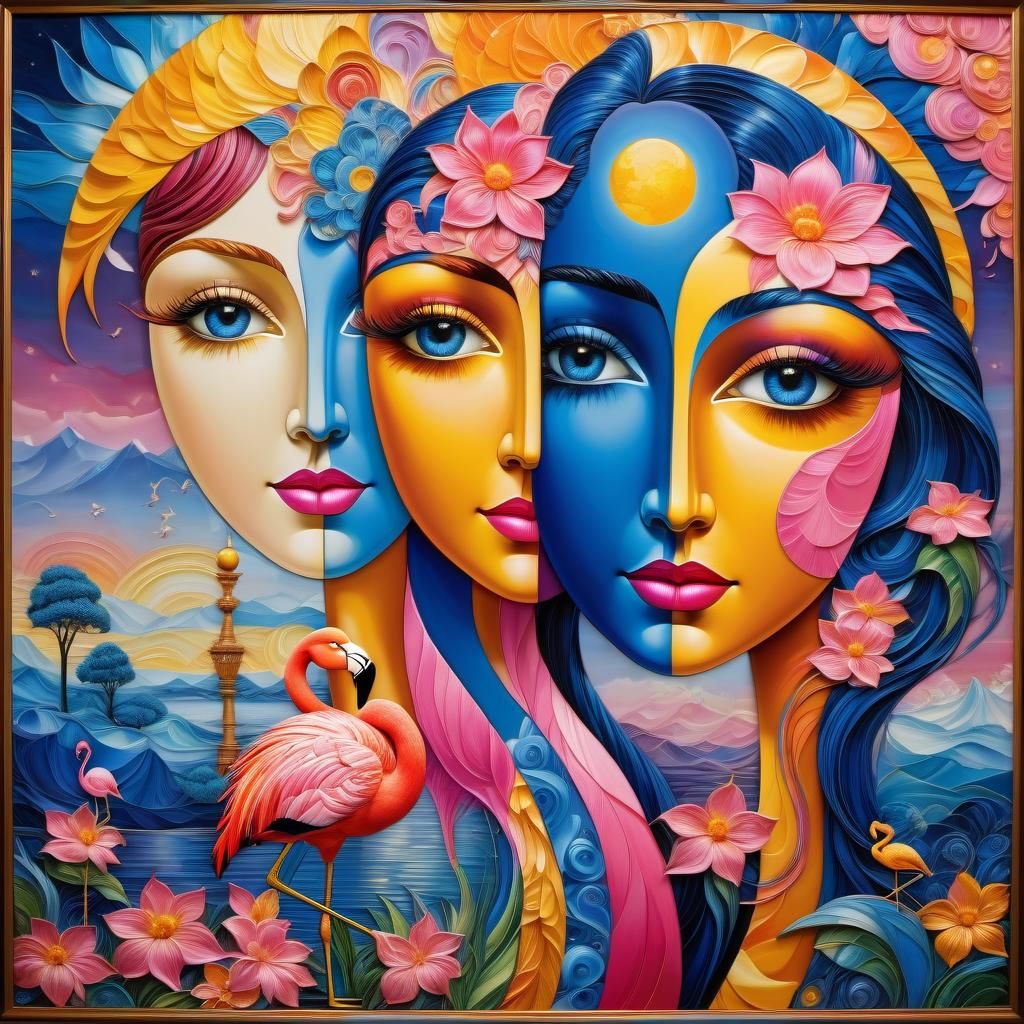 Flamingos in Starry Landscape as Impasto Painting