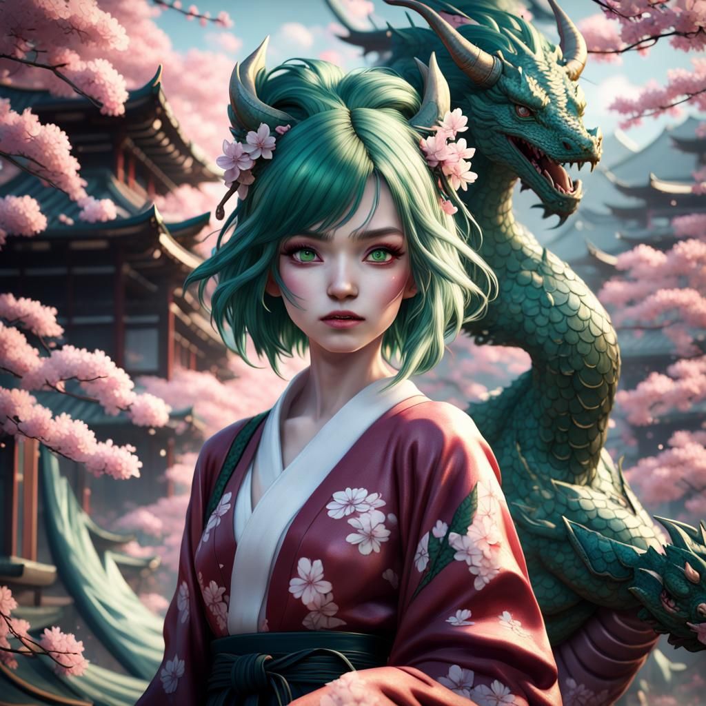 Green-Haired Girl in Kimono with Dragon Statue