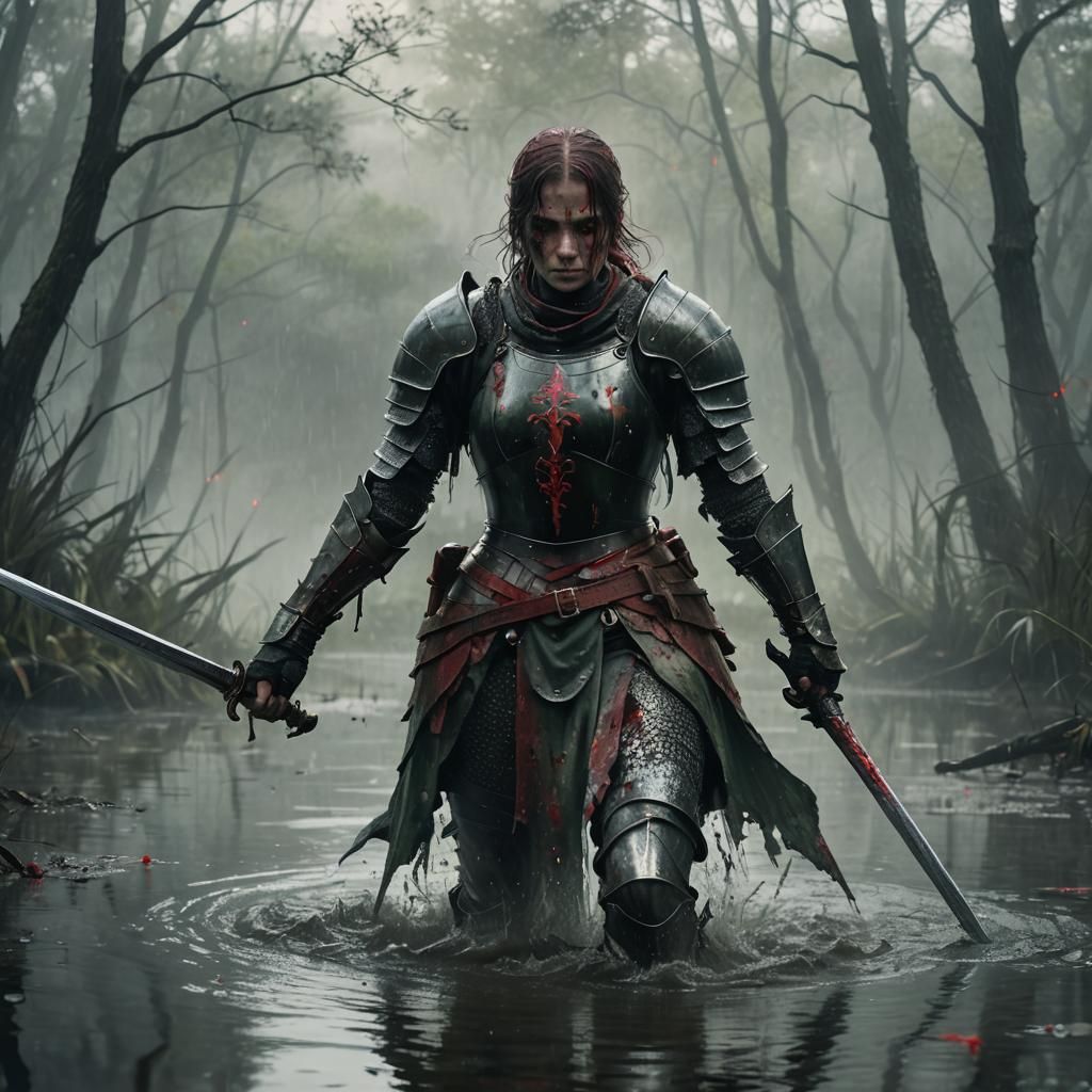 Female Knight in Misty Swamp: Dark Fantasy Art