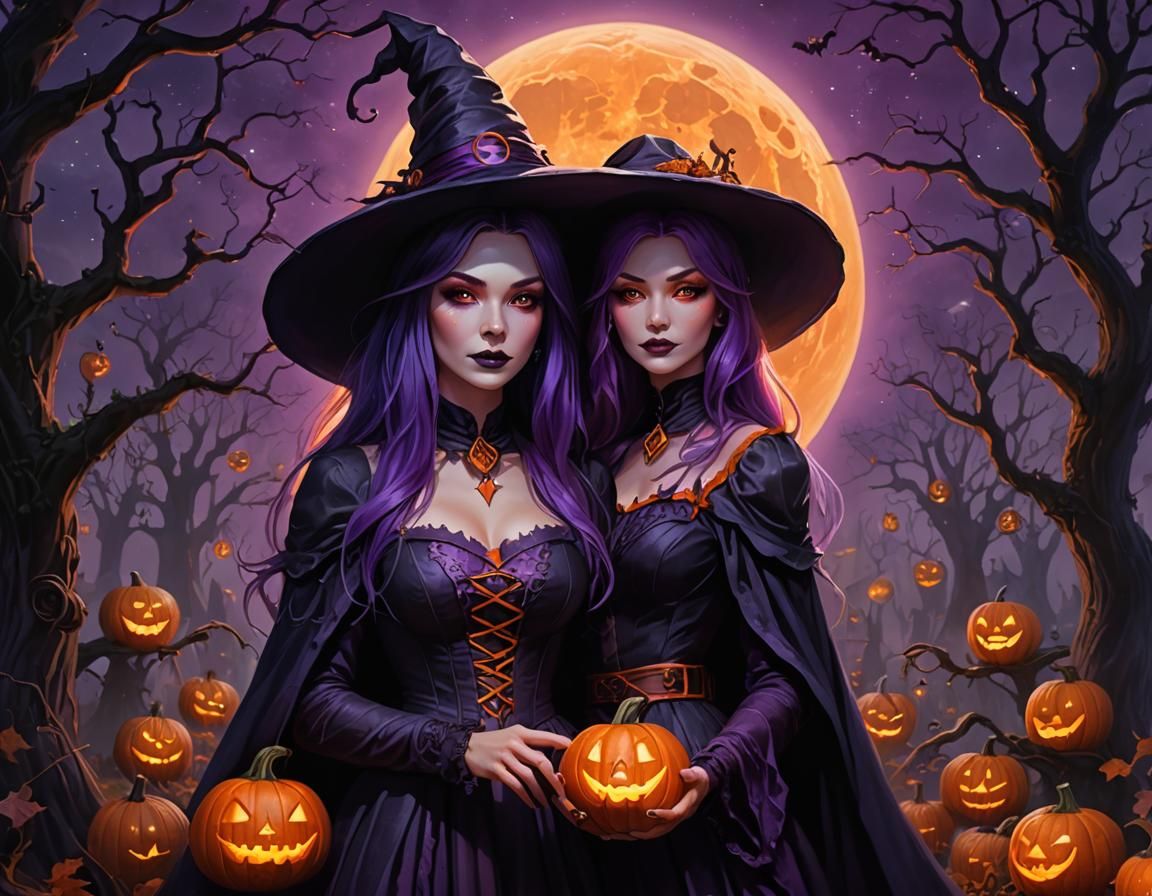 Witch with Bioluminescent Pumpkin in Surreal Art Nouveau Sty...