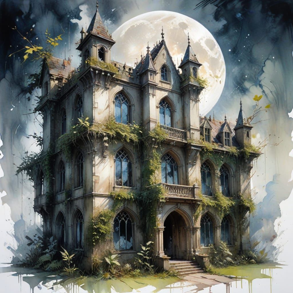 Gothic Manor Looms Under Spectral Moonlight