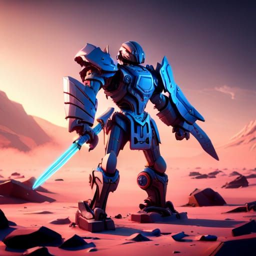Barbarian Robot Wielding Sword in Sci-Fi Scene