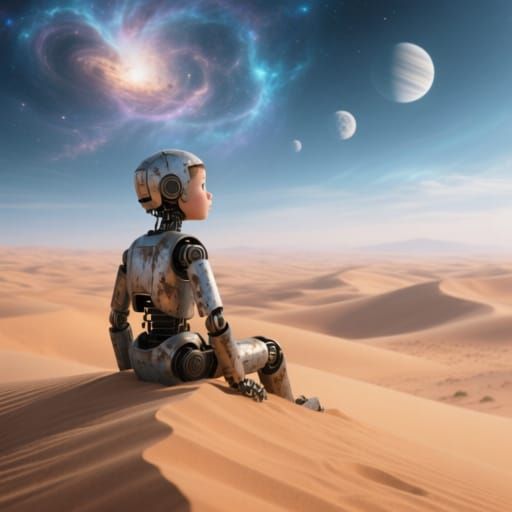 Weathered Robot Boy Gazes at Alien Sky on Desert Dune