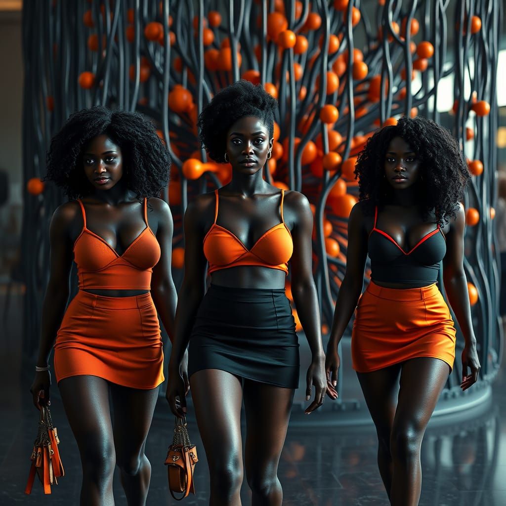 Surreal Fashionistas in Front of Cell Sculpture