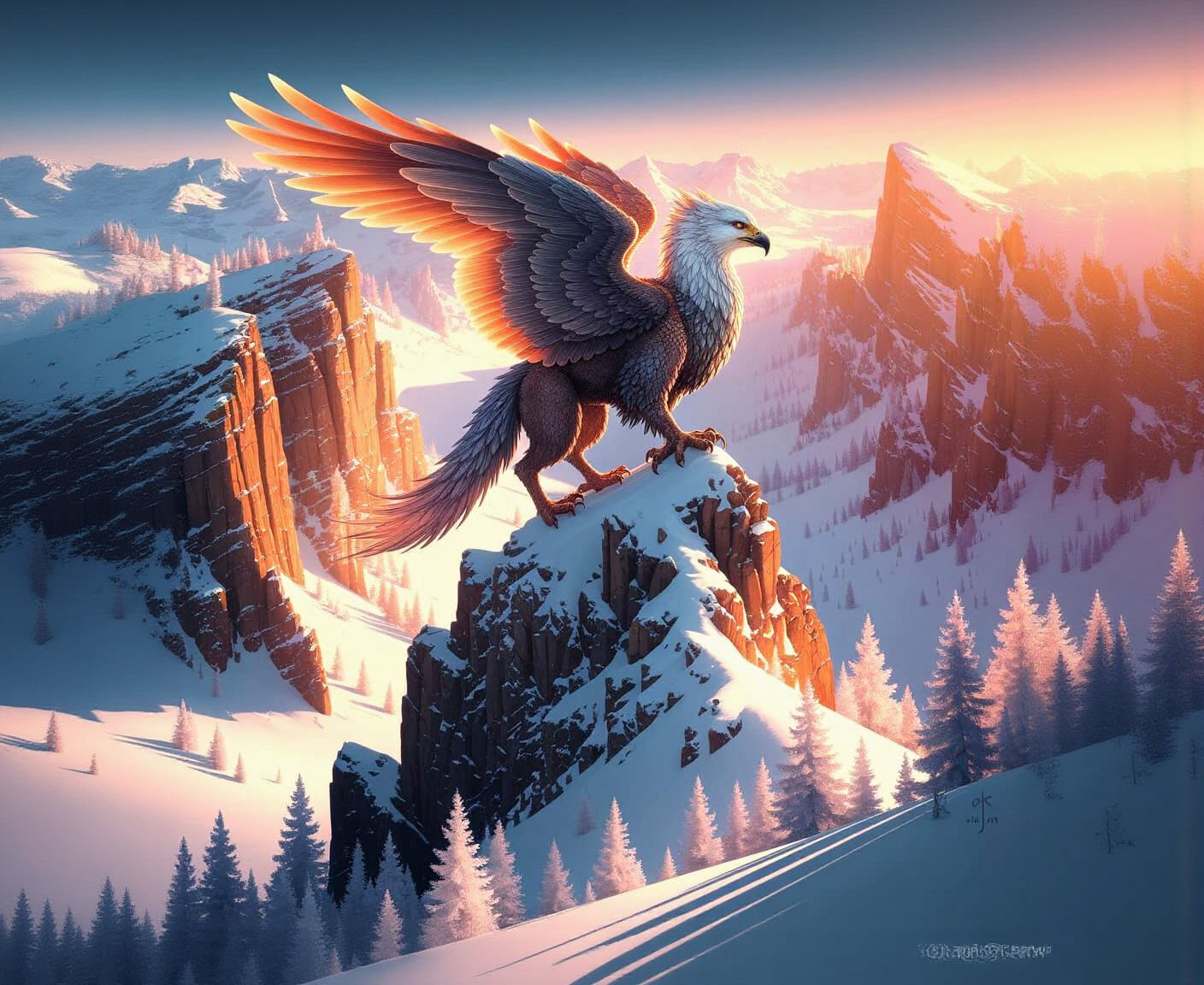 Griffin Perched on Snow Mountain in Fantasy Style