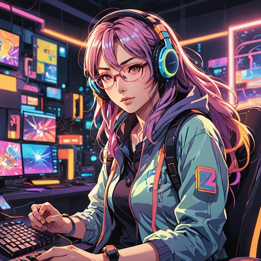 Vibrant Anime Gamer Girl with Glowing Accents