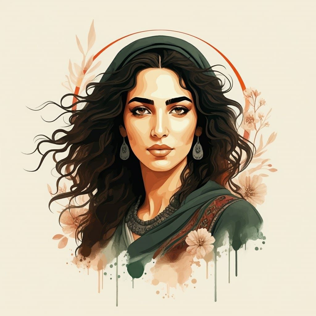 Palestinian Woman in Traditional Attire with Subtle Flames a...