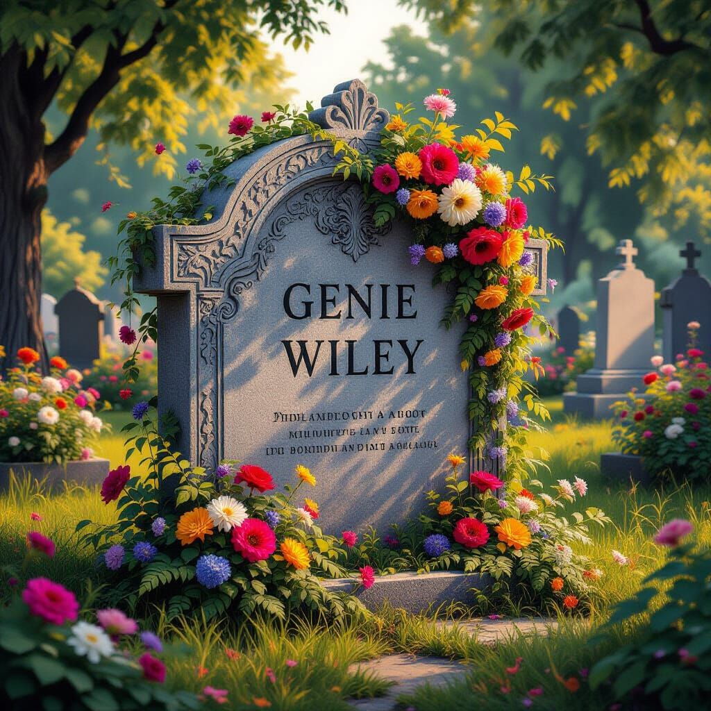 Impressionist Gravestone Adorned with Flowers in Golden Hour...