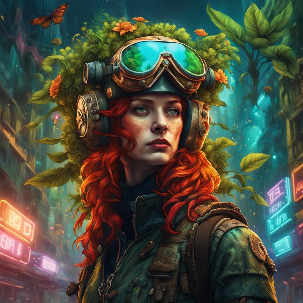 Steampunk Woman in Neon City with Jungle
