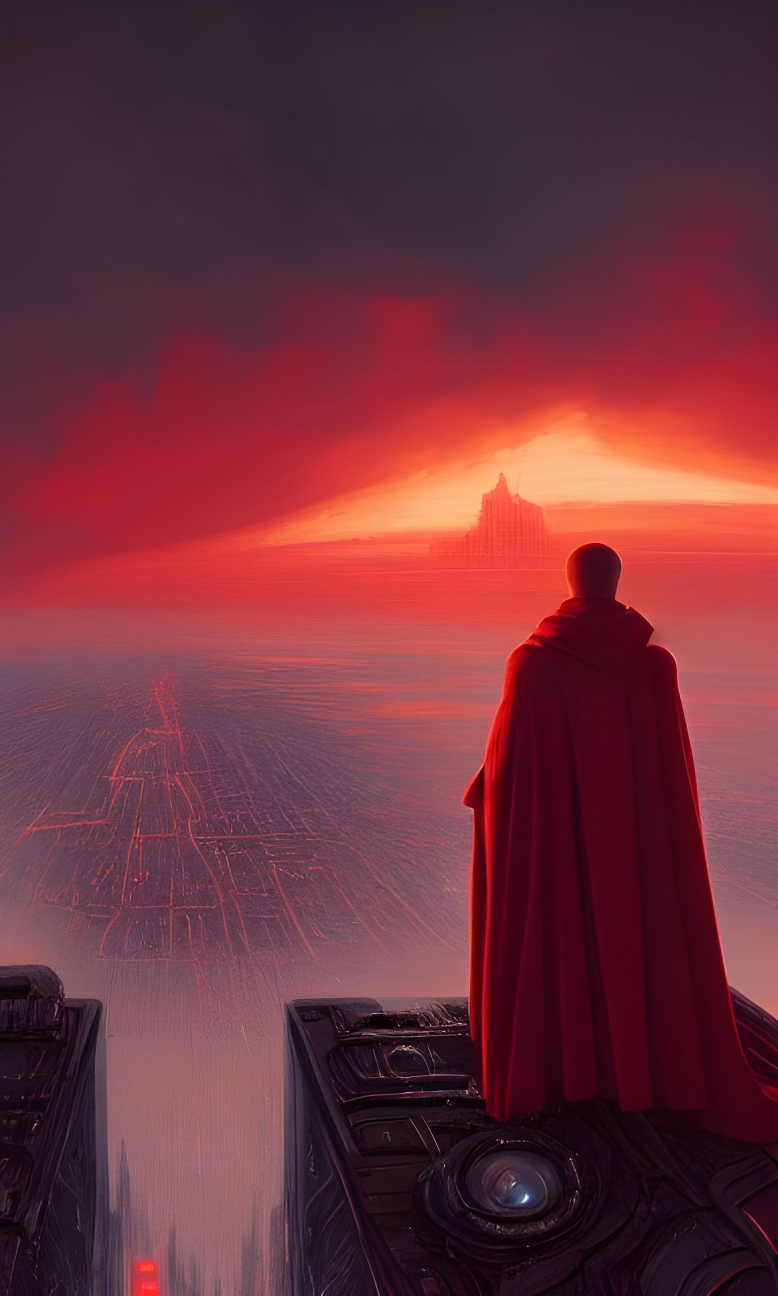 Red Cloak Figure in Cityscape, Digital Art